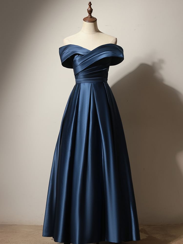 Off-Shoulder Plain Ruched Pleated Satin A-Line Evening Gown