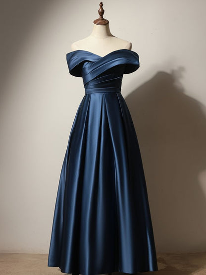 Off-Shoulder Plain Ruched Pleated Satin A-Line Evening Gown