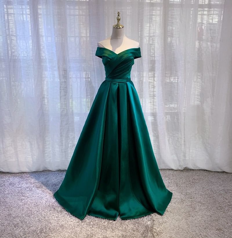 Off-Shoulder Plain Ruched Pleated Satin A-Line Evening Gown