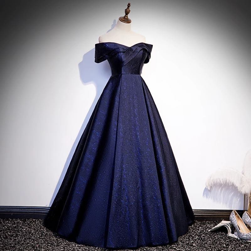 Off-Shoulder Glitter Satin A-Line Evening Gown