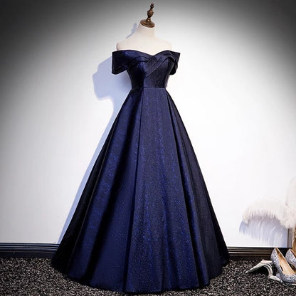 Off-Shoulder Glitter Satin A-Line Evening Gown