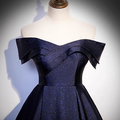 Off-Shoulder Glitter Satin A-Line Evening Gown