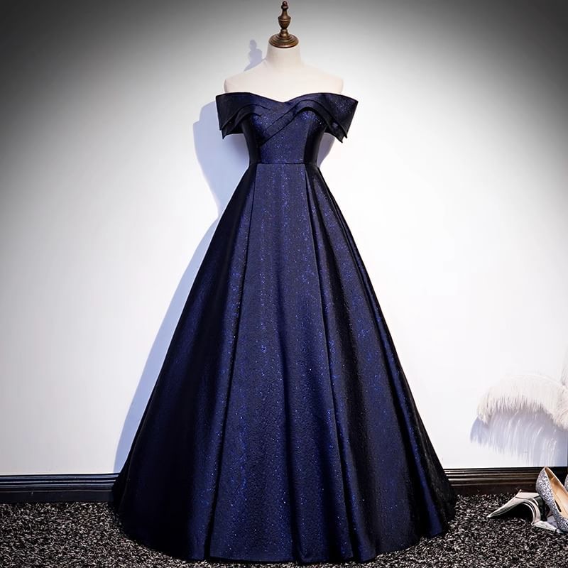 Off-Shoulder Glitter Satin A-Line Evening Gown
