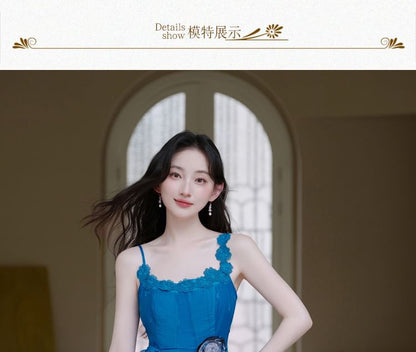 Spaghetti Strap Scoop Neck Floral Embroidered Midi A-Line Dress / Plain Lace Trim Tie Front Cardigan / Skinny Scarf / Set