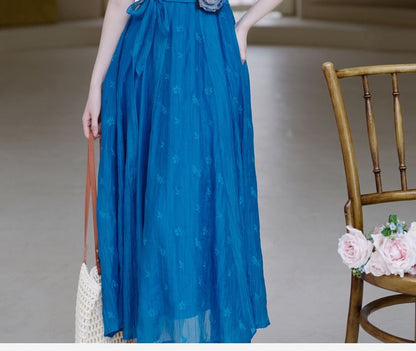 Spaghetti Strap Scoop Neck Floral Embroidered Midi A-Line Dress / Plain Lace Trim Tie Front Cardigan / Skinny Scarf / Set