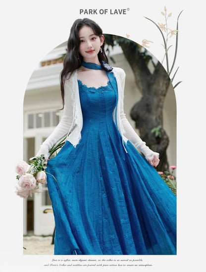 Spaghetti Strap Scoop Neck Floral Embroidered Midi A-Line Dress / Plain Lace Trim Tie Front Cardigan / Skinny Scarf / Set