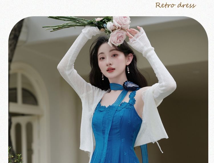 Spaghetti Strap Scoop Neck Floral Embroidered Midi A-Line Dress / Plain Lace Trim Tie Front Cardigan / Skinny Scarf / Set