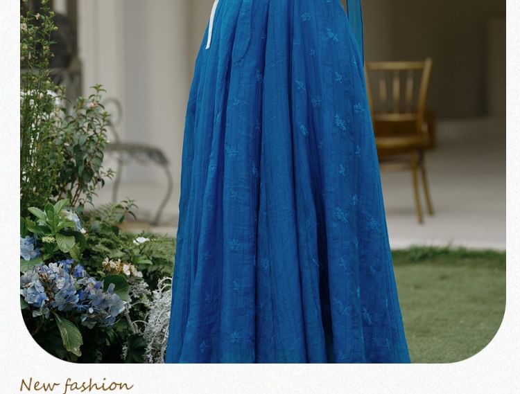 Spaghetti Strap Scoop Neck Floral Embroidered Midi A-Line Dress / Plain Lace Trim Tie Front Cardigan / Skinny Scarf / Set