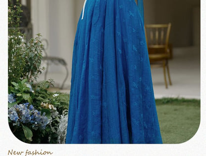 Spaghetti Strap Scoop Neck Floral Embroidered Midi A-Line Dress / Plain Lace Trim Tie Front Cardigan / Skinny Scarf / Set