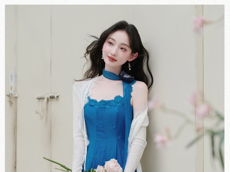 Spaghetti Strap Scoop Neck Floral Embroidered Midi A-Line Dress / Plain Lace Trim Tie Front Cardigan / Skinny Scarf / Set