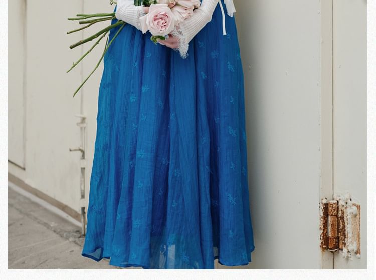 Spaghetti Strap Scoop Neck Floral Embroidered Midi A-Line Dress / Plain Lace Trim Tie Front Cardigan / Skinny Scarf / Set