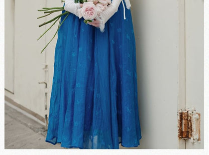 Spaghetti Strap Scoop Neck Floral Embroidered Midi A-Line Dress / Plain Lace Trim Tie Front Cardigan / Skinny Scarf / Set