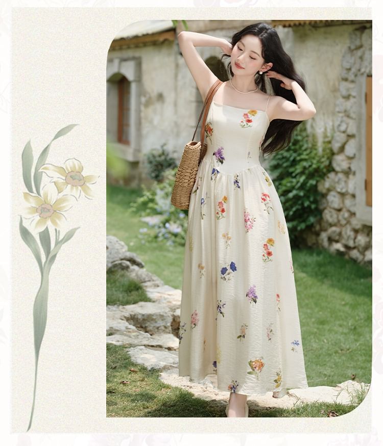 Spaghetti Strap Square Neck Floral Print Maxi A-Line Dress / Plain Crop Cardigan / Set