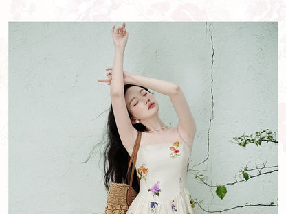 Spaghetti Strap Square Neck Floral Print Maxi A-Line Dress / Plain Crop Cardigan / Set