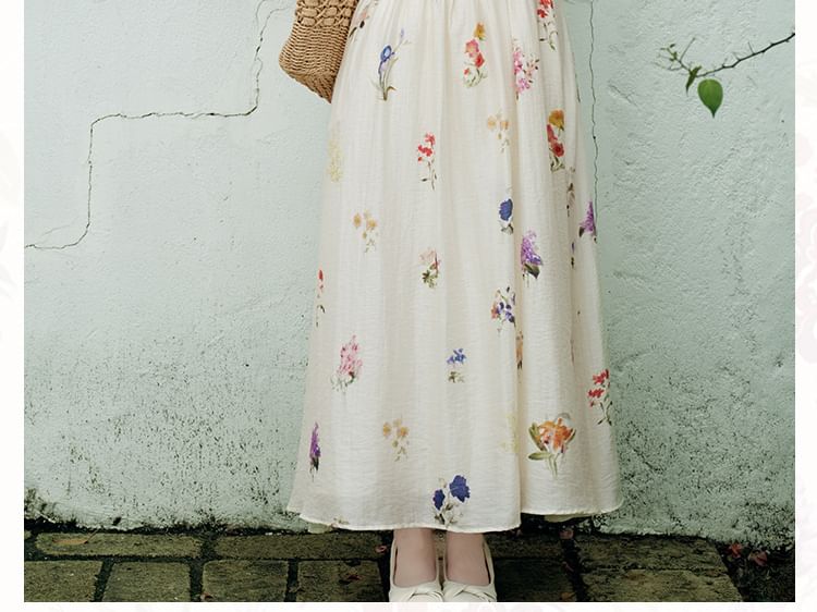 Spaghetti Strap Square Neck Floral Print Maxi A-Line Dress / Plain Crop Cardigan / Set