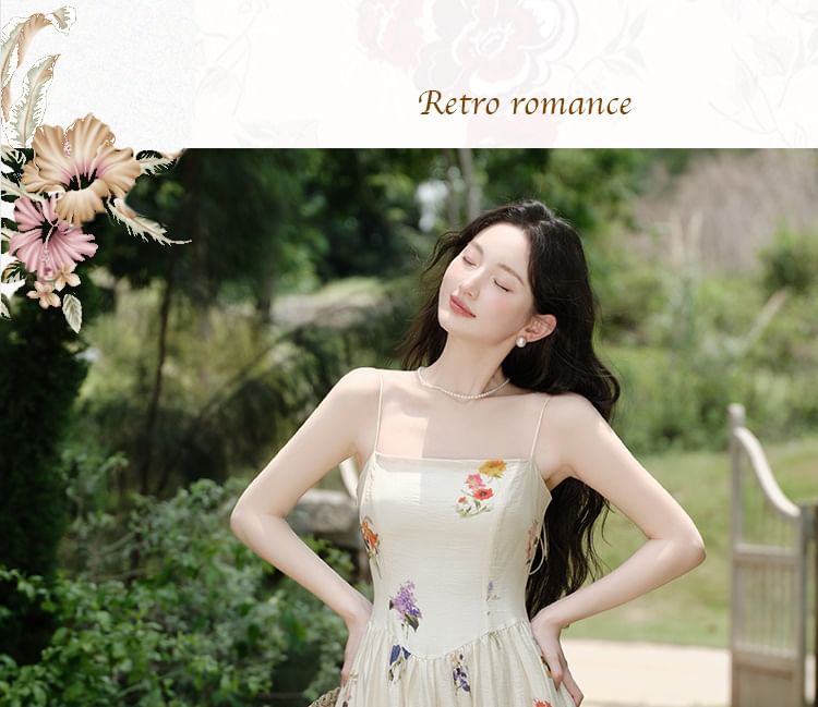 Spaghetti Strap Square Neck Floral Print Maxi A-Line Dress / Plain Crop Cardigan / Set