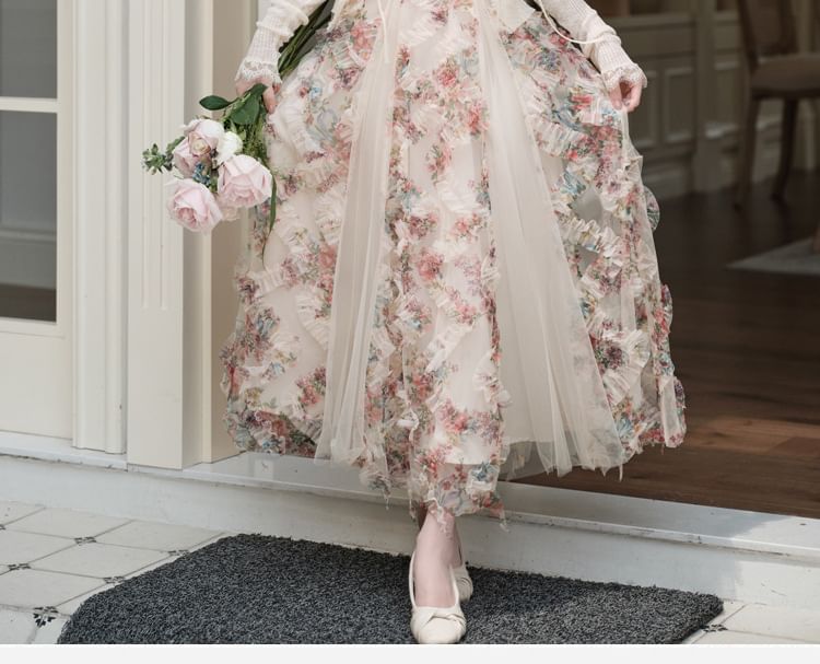 Spaghetti Strap V-Neck Floral Print Sheer Panel Ruffle Trim Maxi A-Line Dress / Lace Trim Tie Front Cardigan / Set