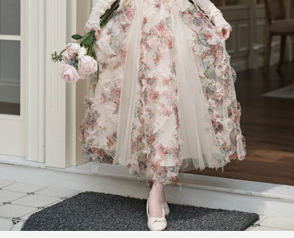 Spaghetti Strap V-Neck Floral Print Sheer Panel Ruffle Trim Maxi A-Line Dress / Lace Trim Tie Front Cardigan / Set