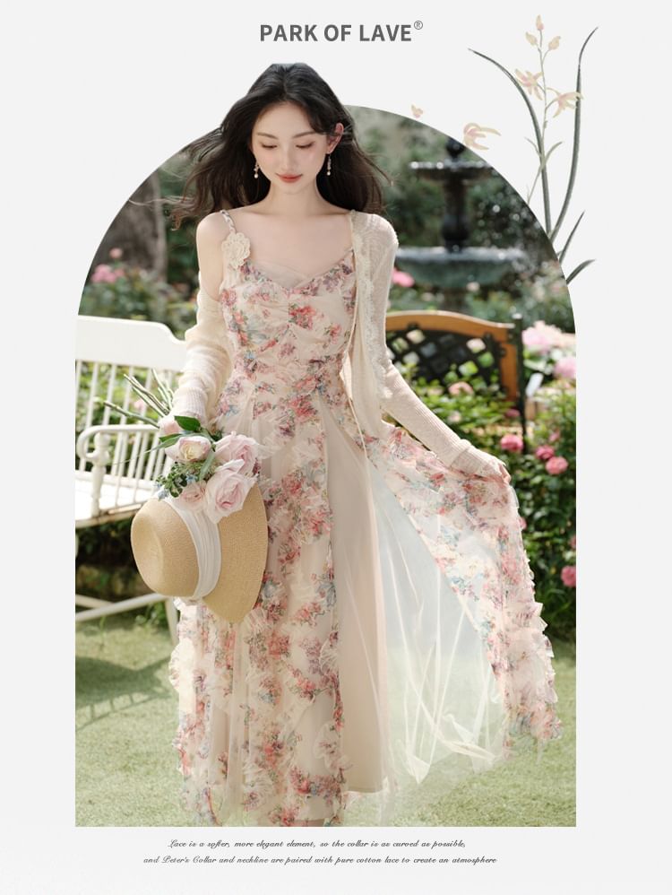 Spaghetti Strap V-Neck Floral Print Sheer Panel Ruffle Trim Maxi A-Line Dress / Lace Trim Tie Front Cardigan / Set