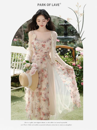 Spaghetti Strap V-Neck Floral Print Sheer Panel Ruffle Trim Maxi A-Line Dress / Lace Trim Tie Front Cardigan / Set