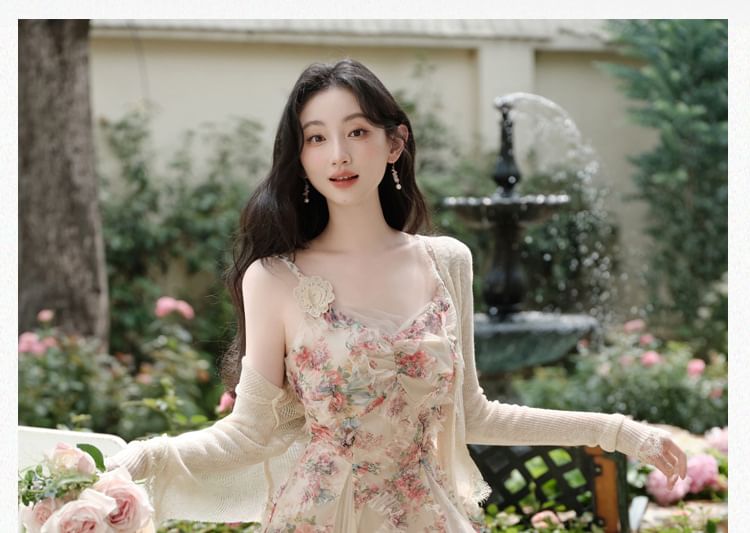 Spaghetti Strap V-Neck Floral Print Sheer Panel Ruffle Trim Maxi A-Line Dress / Lace Trim Tie Front Cardigan / Set