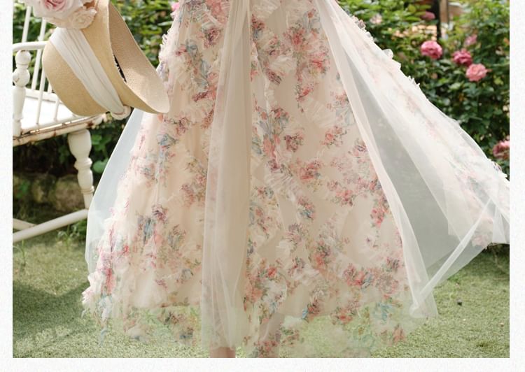 Spaghetti Strap V-Neck Floral Print Sheer Panel Ruffle Trim Maxi A-Line Dress / Lace Trim Tie Front Cardigan / Set