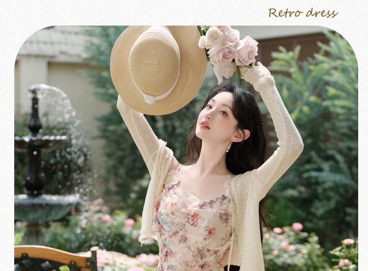 Spaghetti Strap V-Neck Floral Print Sheer Panel Ruffle Trim Maxi A-Line Dress / Lace Trim Tie Front Cardigan / Set