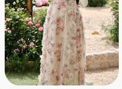 Spaghetti Strap V-Neck Floral Print Sheer Panel Ruffle Trim Maxi A-Line Dress / Lace Trim Tie Front Cardigan / Set