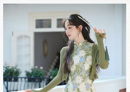 Sleeveless Stand Collar Floral Lace Maxi Sheath Qipao / Plain Crop Cardigan / Set