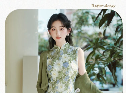 Sleeveless Stand Collar Floral Lace Maxi Sheath Qipao / Plain Crop Cardigan / Set