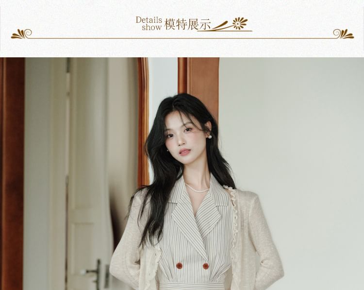 Halter Neck Notch Lapel Striped Buttoned Midi A-Line Dress / Plain Lettuce Edge Crop Cardigan / Set