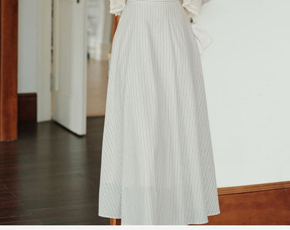 Halter Neck Notch Lapel Striped Buttoned Midi A-Line Dress / Plain Lettuce Edge Crop Cardigan / Set