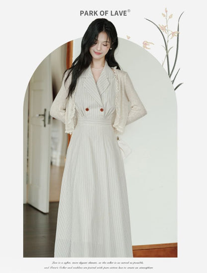 Halter Neck Notch Lapel Striped Buttoned Midi A-Line Dress / Plain Lettuce Edge Crop Cardigan / Set