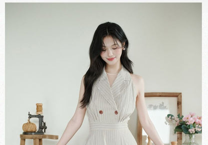 Halter Neck Notch Lapel Striped Buttoned Midi A-Line Dress / Plain Lettuce Edge Crop Cardigan / Set