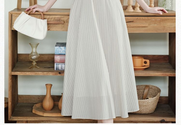 Halter Neck Notch Lapel Striped Buttoned Midi A-Line Dress / Plain Lettuce Edge Crop Cardigan / Set