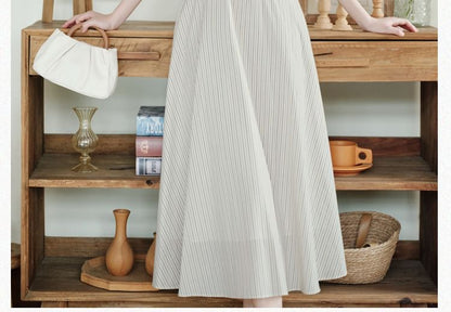 Halter Neck Notch Lapel Striped Buttoned Midi A-Line Dress / Plain Lettuce Edge Crop Cardigan / Set