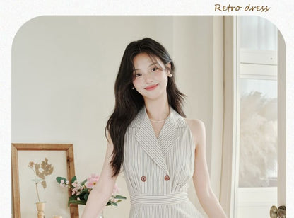 Halter Neck Notch Lapel Striped Buttoned Midi A-Line Dress / Plain Lettuce Edge Crop Cardigan / Set