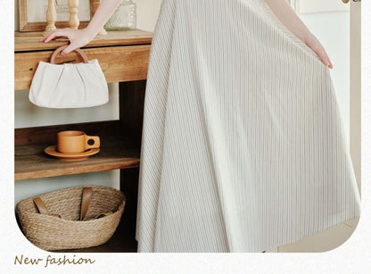 Halter Neck Notch Lapel Striped Buttoned Midi A-Line Dress / Plain Lettuce Edge Crop Cardigan / Set