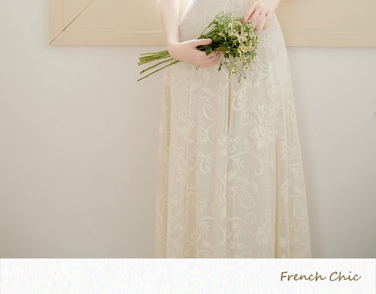 Spaghetti Strap V-Neck Lace Maxi A-Line Dress / Plain Flower Accent Crop Cardigan / Set