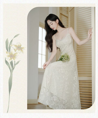 Spaghetti Strap V-Neck Lace Maxi A-Line Dress / Plain Flower Accent Crop Cardigan / Set