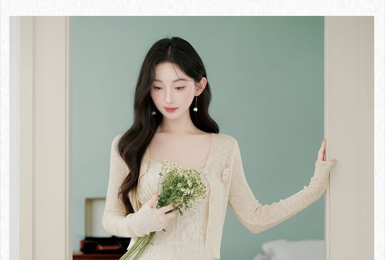 Spaghetti Strap V-Neck Lace Maxi A-Line Dress / Plain Flower Accent Crop Cardigan / Set