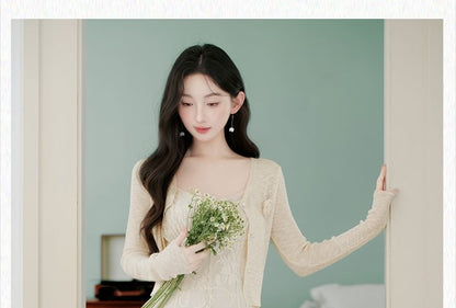 Spaghetti Strap V-Neck Lace Maxi A-Line Dress / Plain Flower Accent Crop Cardigan / Set