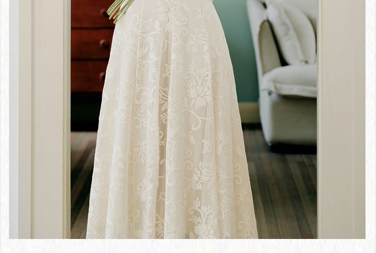 Spaghetti Strap V-Neck Lace Maxi A-Line Dress / Plain Flower Accent Crop Cardigan / Set