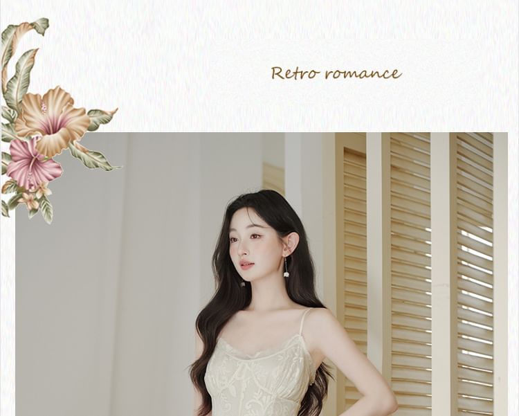 Spaghetti Strap V-Neck Lace Maxi A-Line Dress / Plain Flower Accent Crop Cardigan / Set