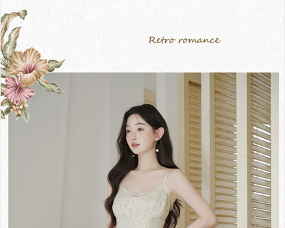 Spaghetti Strap V-Neck Lace Maxi A-Line Dress / Plain Flower Accent Crop Cardigan / Set