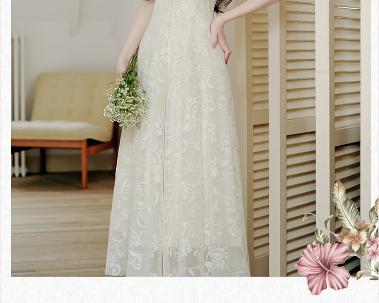 Spaghetti Strap V-Neck Lace Maxi A-Line Dress / Plain Flower Accent Crop Cardigan / Set