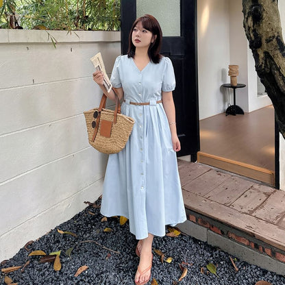 Plus Size Set: Puff-Sleeve V-Neck Button-Up Plain Midi A-Line Dress + Belt