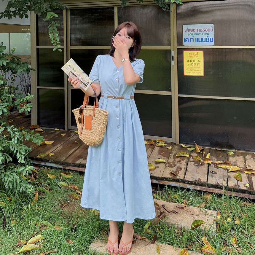 Plus Size Set: Puff-Sleeve V-Neck Button-Up Plain Midi A-Line Dress + Belt