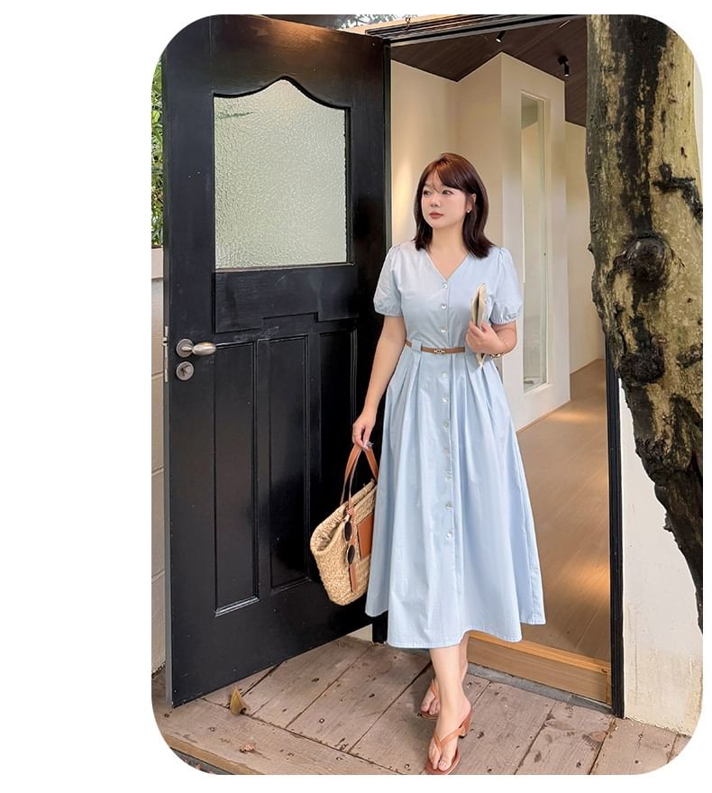 Plus Size Set: Puff-Sleeve V-Neck Button-Up Plain Midi A-Line Dress + Belt