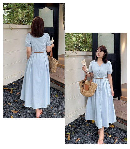 Plus Size Set: Puff-Sleeve V-Neck Button-Up Plain Midi A-Line Dress + Belt